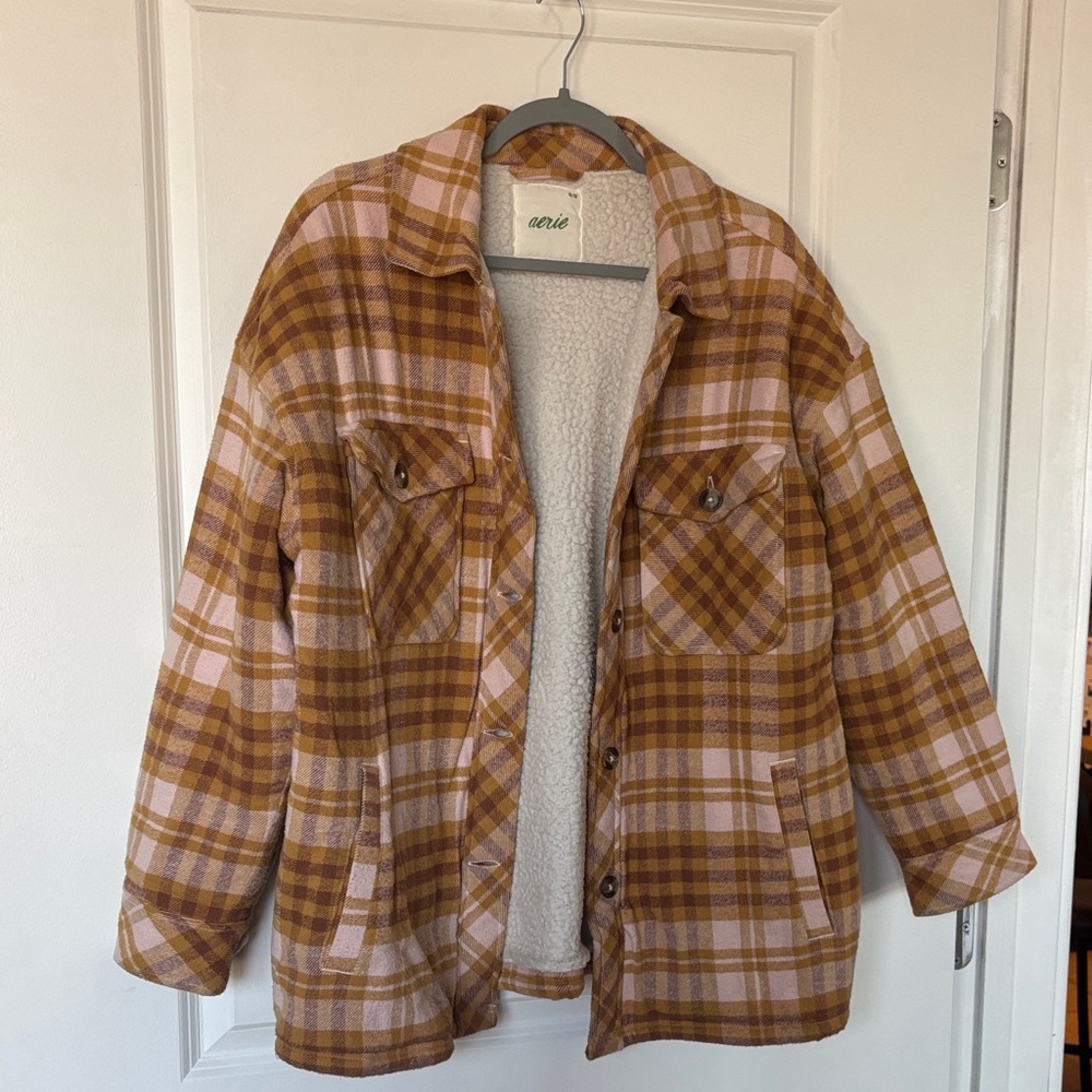Aerie Orange, Brown and Pink Plaid Sherpa Lined Jacket